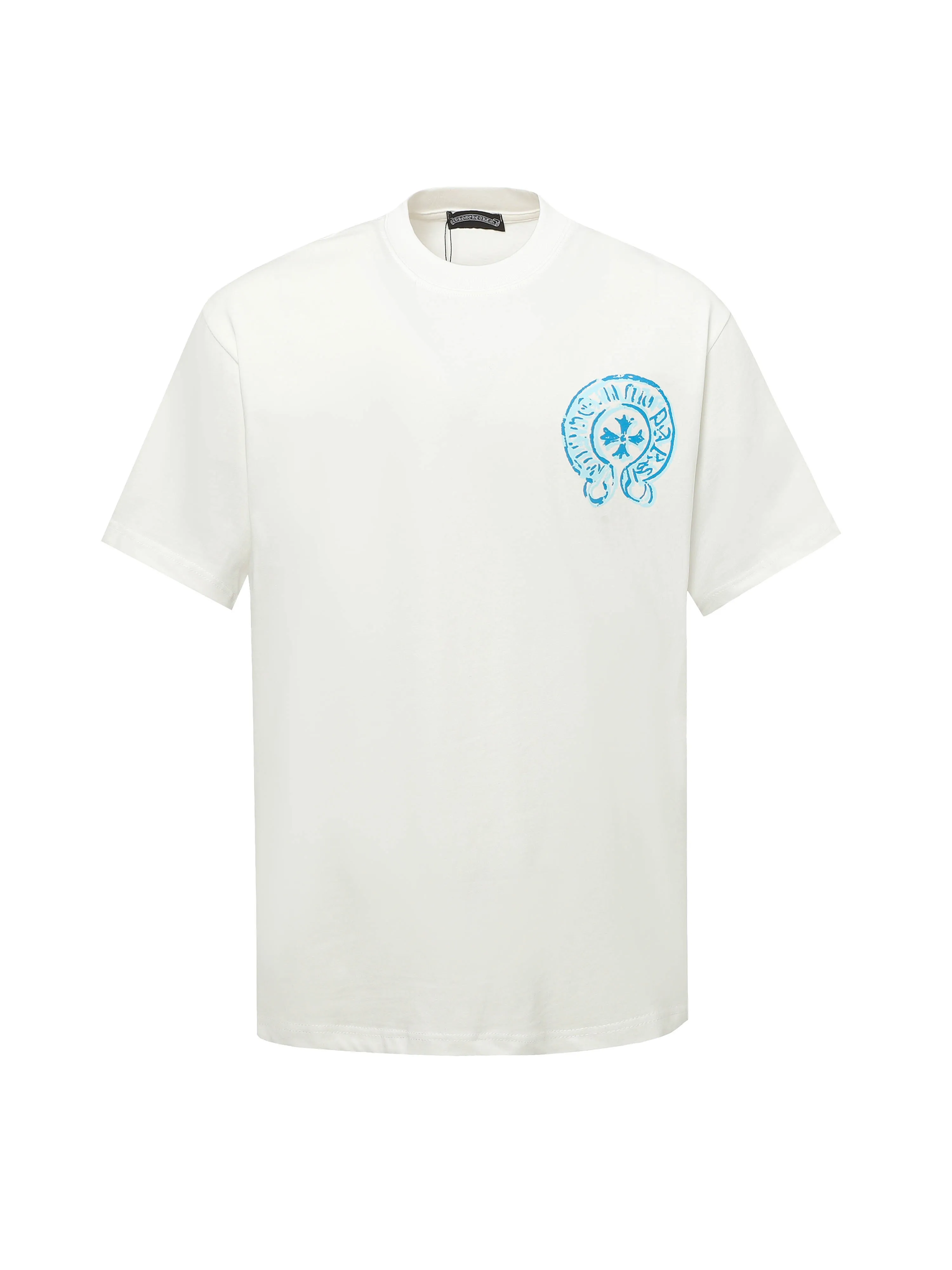 🅿️170 Chrome hearte/Chrome heart ch 25ss early spring Sanskrit horseshoe print short-sleeved T-shirt. A must-have item for daily commuting for men and women in light luxury. The correct version is welcome to compare. Detailed features: ·280g 100% cotton double yarn jersey fabric. ·Custom-dyed in the same cylinder, special thickened 32 pieces double-strand 1x1 thread. ·Double-needle cross-stitch technology. ·Original main mark washed tag. Color: black white. Size: XS-L